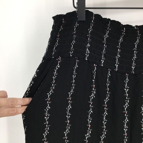 Three Dots Wide Leg Pants Womens Medium Black Floral Border Smocked Waist #M - Picture 8 of 14